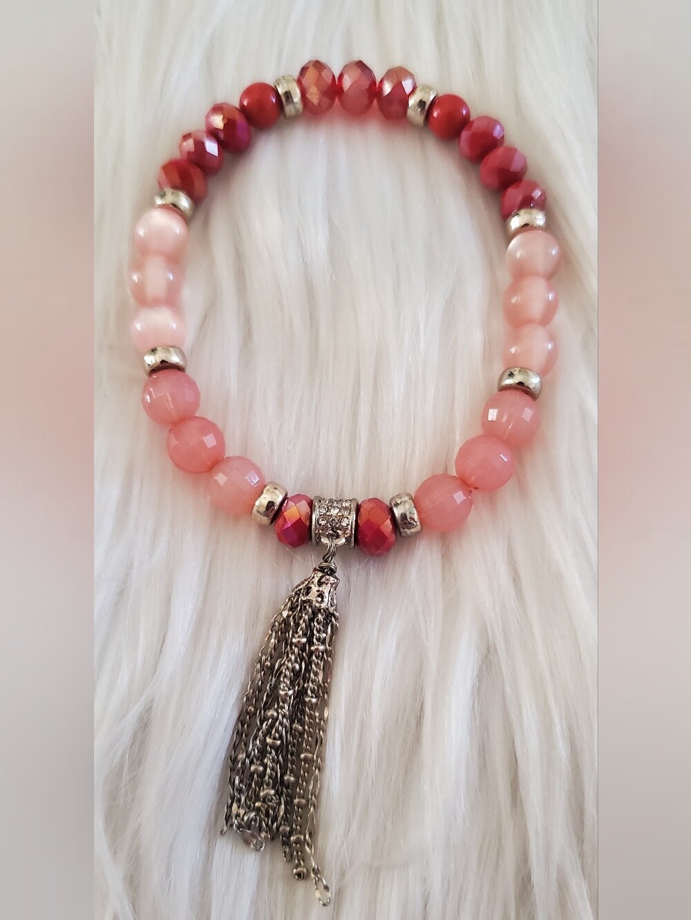 WHBM Pink, Berry Beaded Tassel Necklace & Stretch Bracelet Set | Crystal Accents - Picture 8 of 10